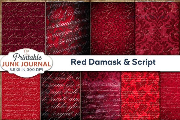 Download Red Damask Script Junk Journal Pages - Script Collection
